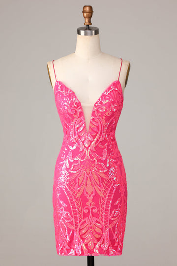 Sheath Spaghetti Straps Fuchsia Sequins Short Ball Dress